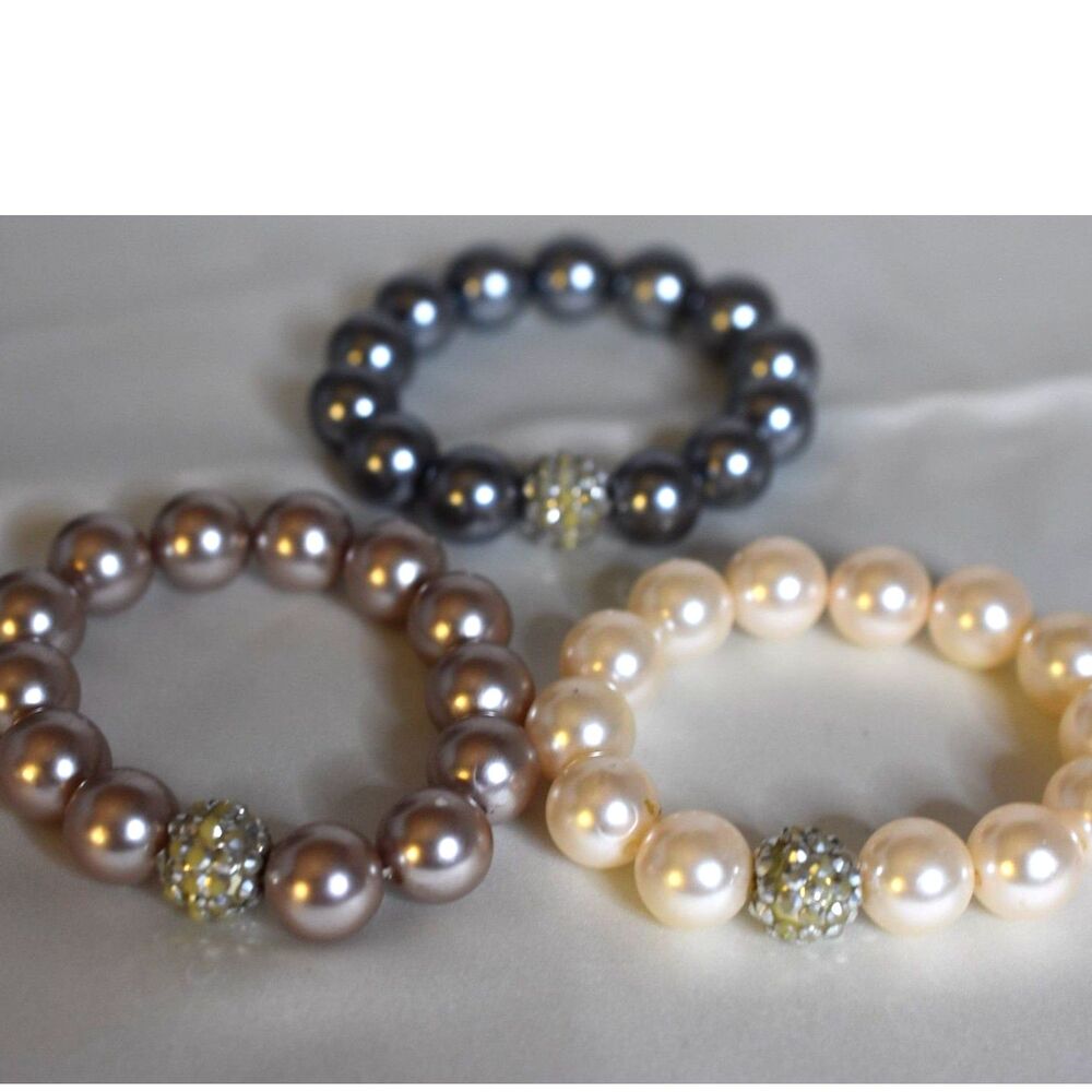 Bridal Party Glam 3 Large Faux Pearl Pave Chrystal Ball 6.5 Stretch Bracelets